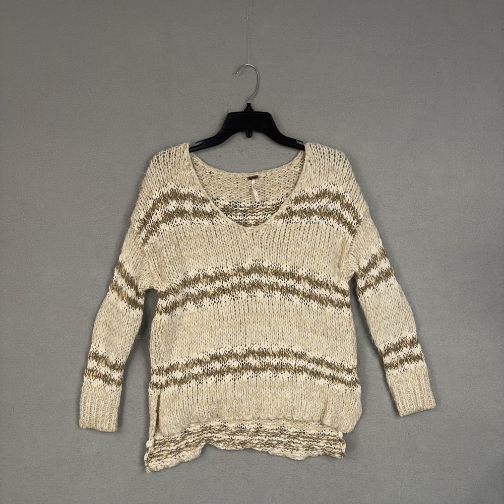 Free People Sweater Womens Small White Beige Striped Chunky Knit V Neck Pullover